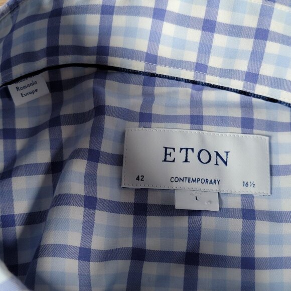 Eton Blue and White Checkered Casual Button Down Shirt - Picture 6 of 8